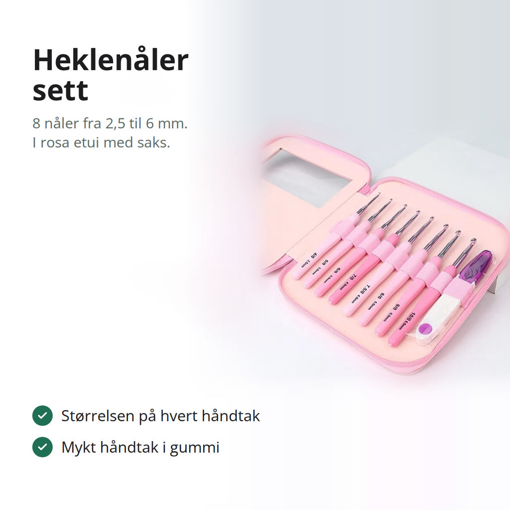 Rosa heklenåler sett i åpent etui med 8 heklenåler og trådsaks