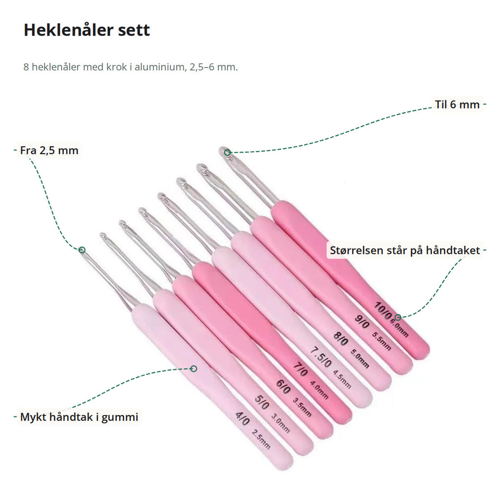 Åtte heklenåler fra 2,5 til 6 mm merket med krok, størrelse på håndtaket og mykt håndtak i gummi