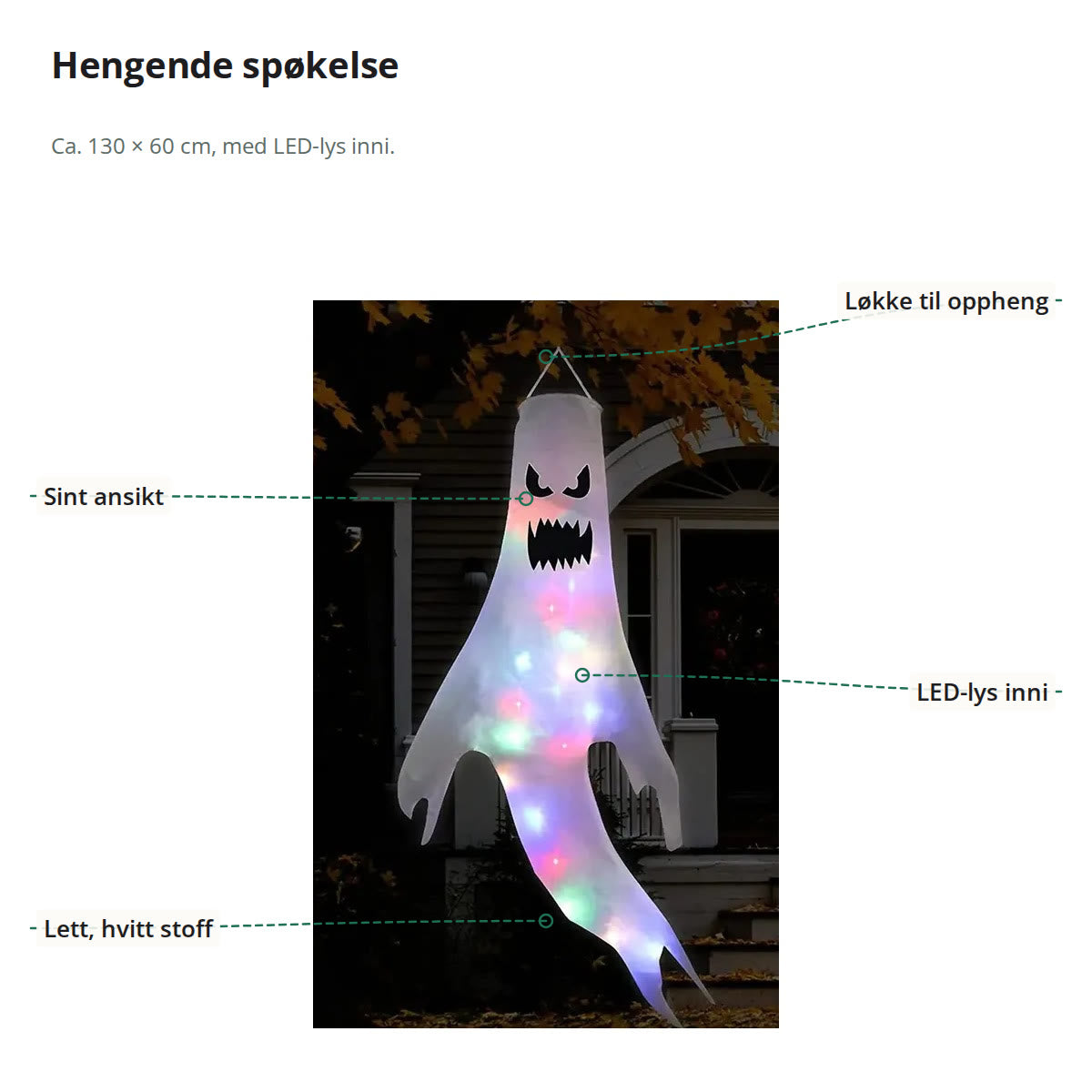 Hengende halloween spøkelse merket med løkke til oppheng, sint ansikt, LED-lys inni og lett, hvitt stoff