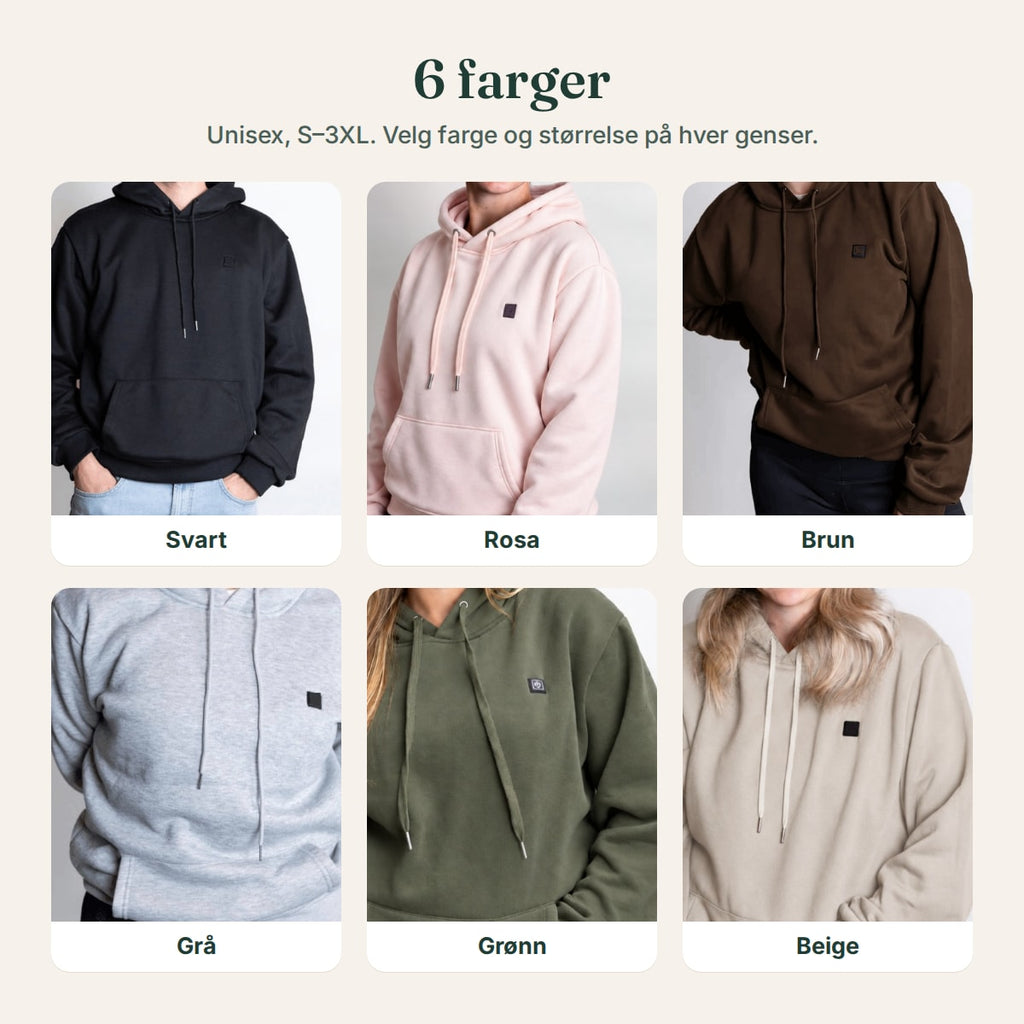 Varmro i seks farger: svart, rosa, brun, grå, grønn og beige