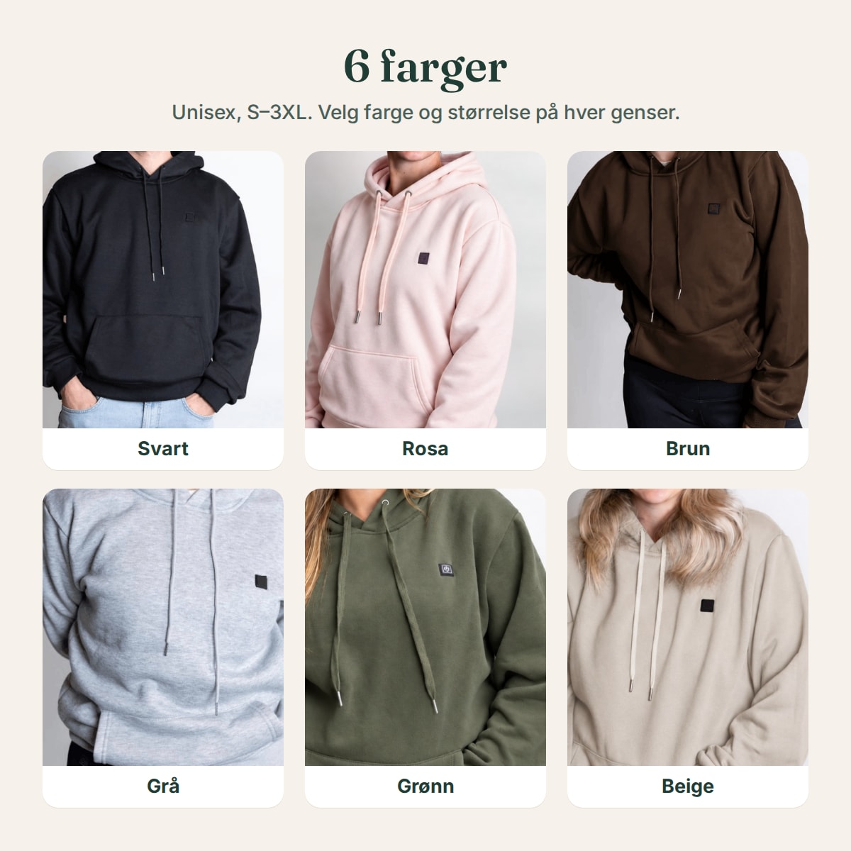 Varmro i seks farger: svart, rosa, brun, grå, grønn og beige