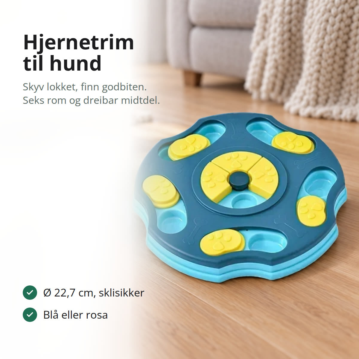 Blå aktivitetsleke til hund med gule skyvelokk på et tregulv i en stue