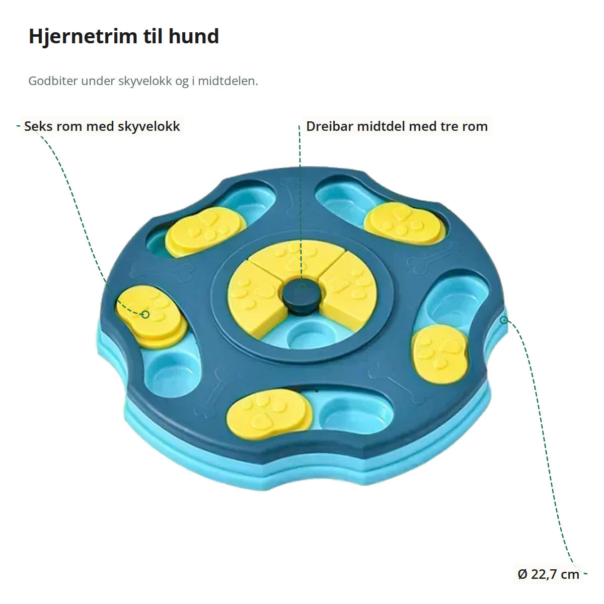 Aktivitetsleken merket med de seks rommene med skyvelokk, den dreibare midtdelen og diameteren på 22,7 cm