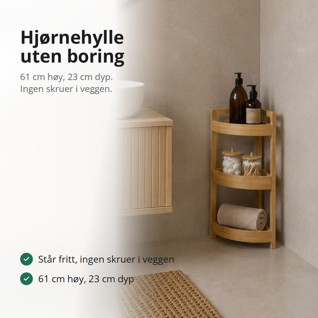 Hjørnehylle i bambus med tre buede hyller, stående i hjørnet på et bad