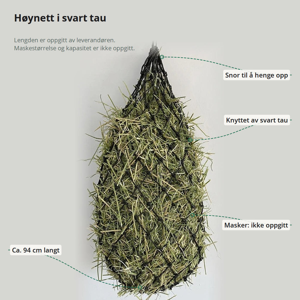 Høynettet merket med snor til å henge opp, knyttet svart tau, masker uten oppgitt størrelse og en lengde på ca. 94 cm
