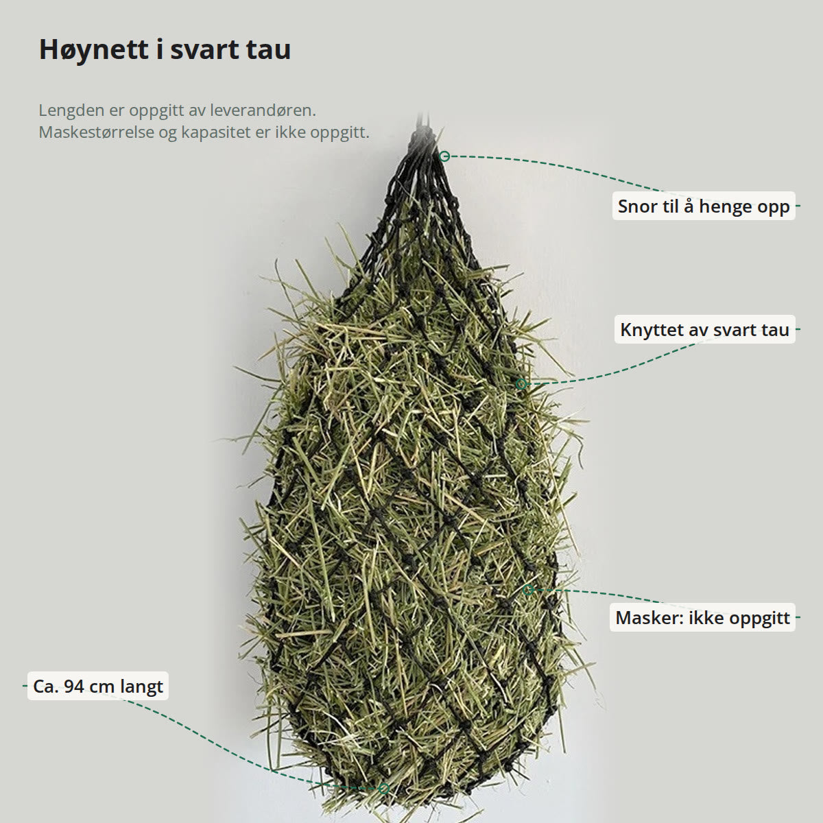 Høynettet merket med snor til å henge opp, knyttet svart tau, masker uten oppgitt størrelse og en lengde på ca. 94 cm