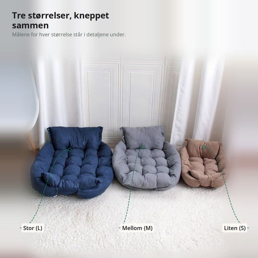 Tre sammenkneppede hundesenger i ulike størrelser, merket stor (L), mellom (M) og liten (S)