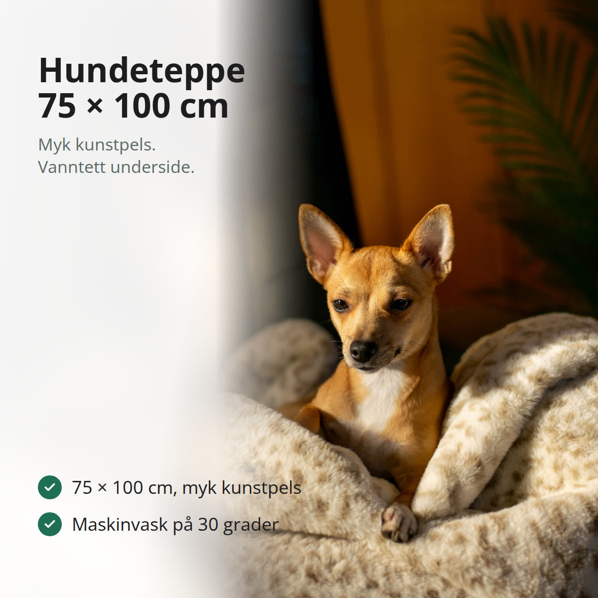 Hundeteppe i leopardmønstret kunstpels i kremfarge, lagt over en lys sofa