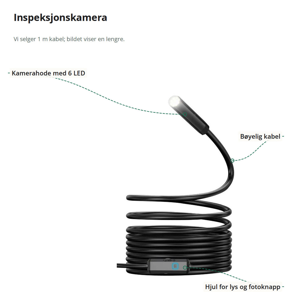 Inspeksjonskamera merket med kamerahode med 6 LED, bøyelig kabel og hjul for lys og fotoknapp