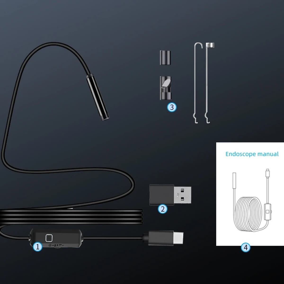 Innholdet i esken: inspeksjonskamera med kabel, USB-adapter, tilbehør og bruksanvisning