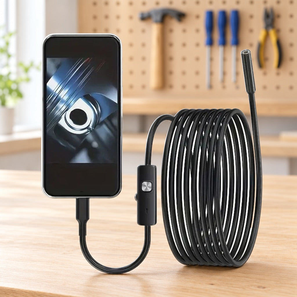 Inspeksjonskamera med LED koblet til mobilen, med 3 m kabel, på en arbeidsbenk