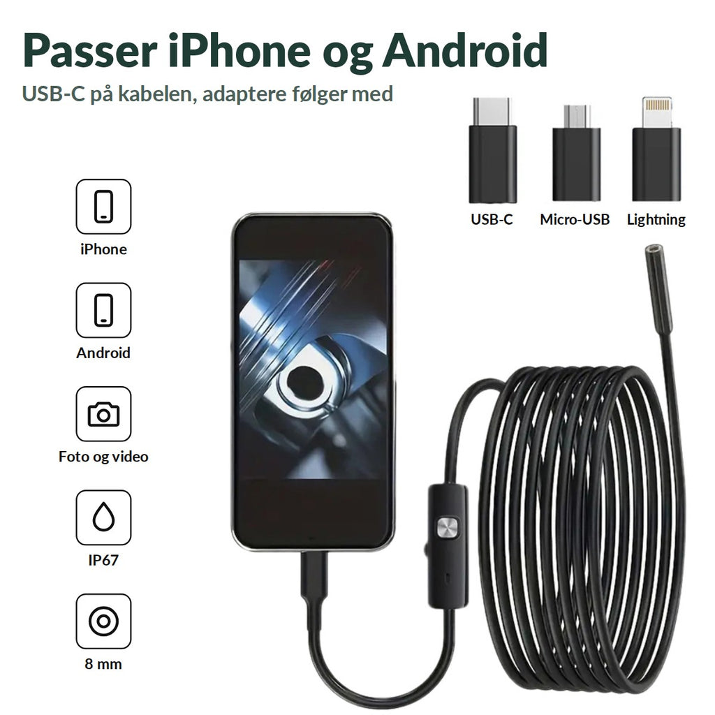 Passer iPhone og Android: USB-C på kabelen og adaptere til micro-USB og Lightning