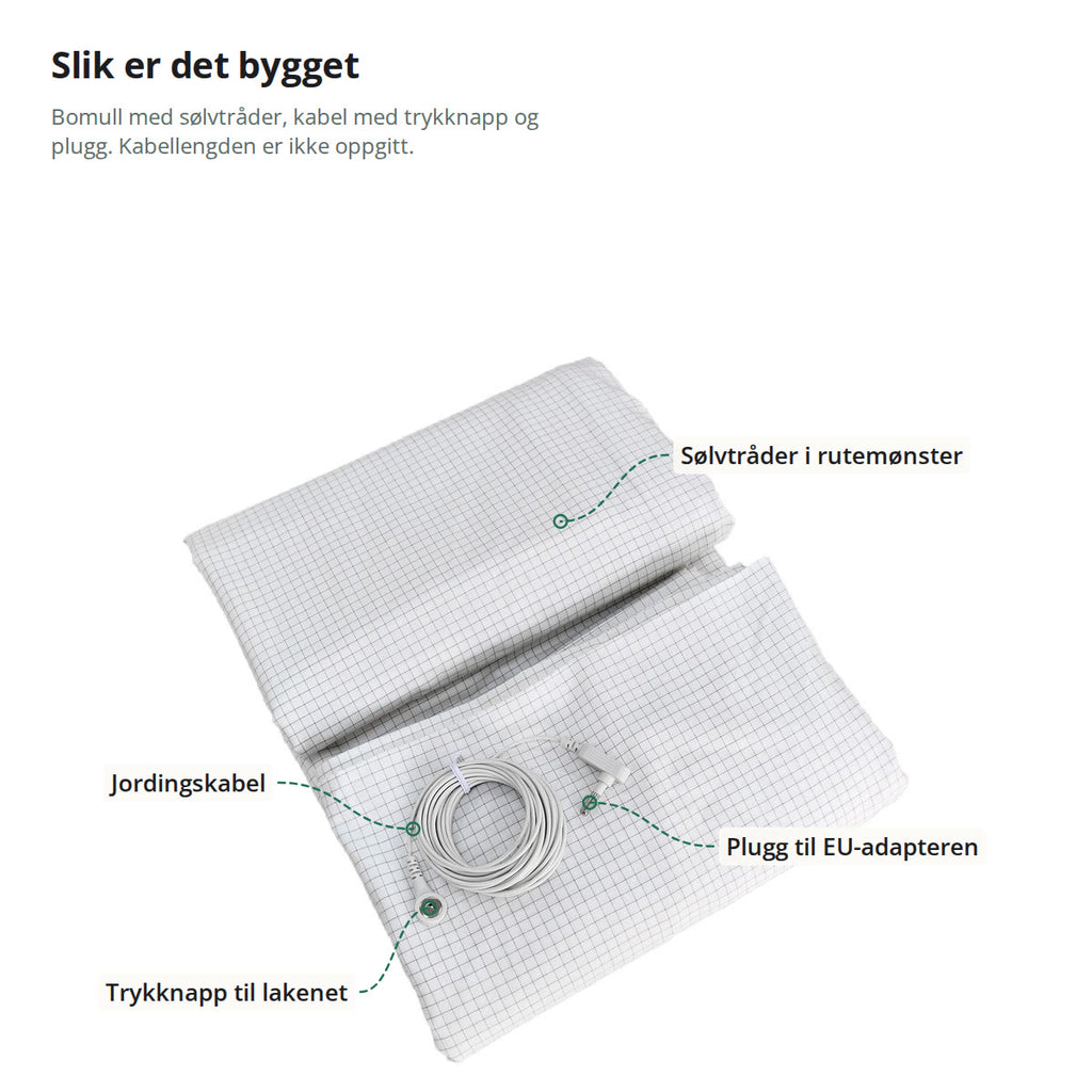 Jordingslakenet merket med sølvtråder i rutemønster, jordingskabel, trykknapp til lakenet og plugg til EU-adapteren