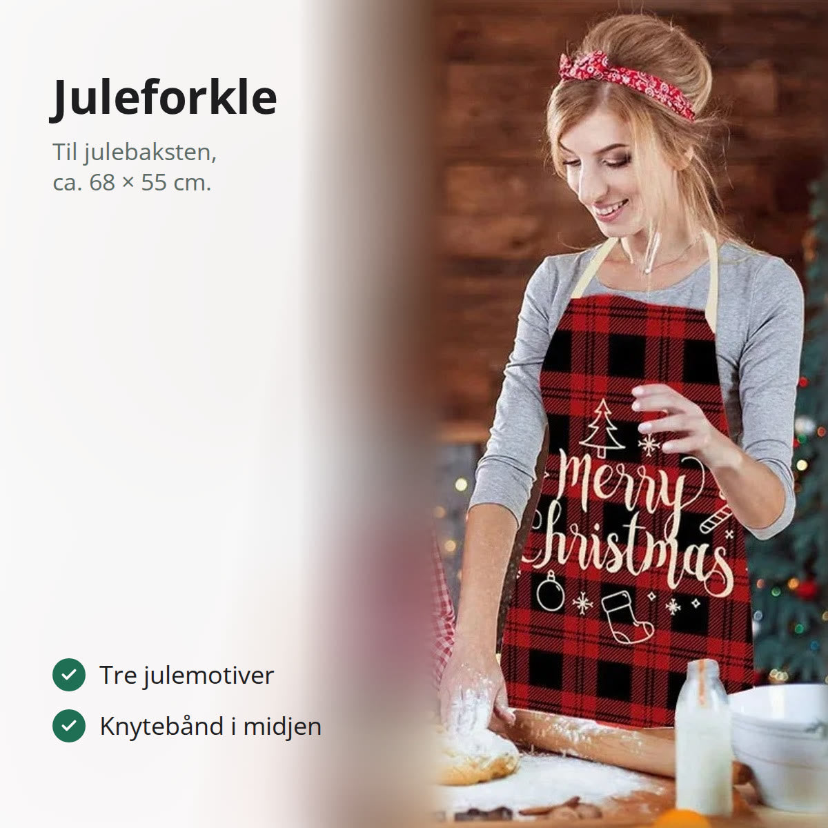 Kvinne som baker med juleforkle i rød og svart rute med Merry Christmas