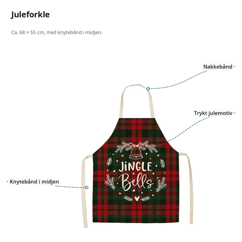 Juleforkle med Jingle Bells merket med nakkebånd, trykt julemotiv og knytebånd i midjen