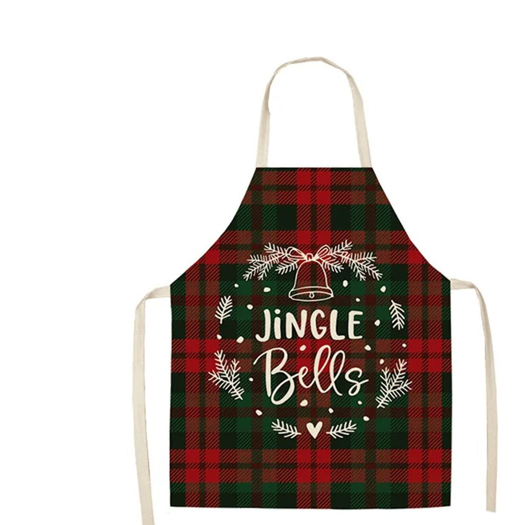 Juleforkle i grønn og rød rute med bjelle, grankvister og Jingle Bells, på hvit bakgrunn