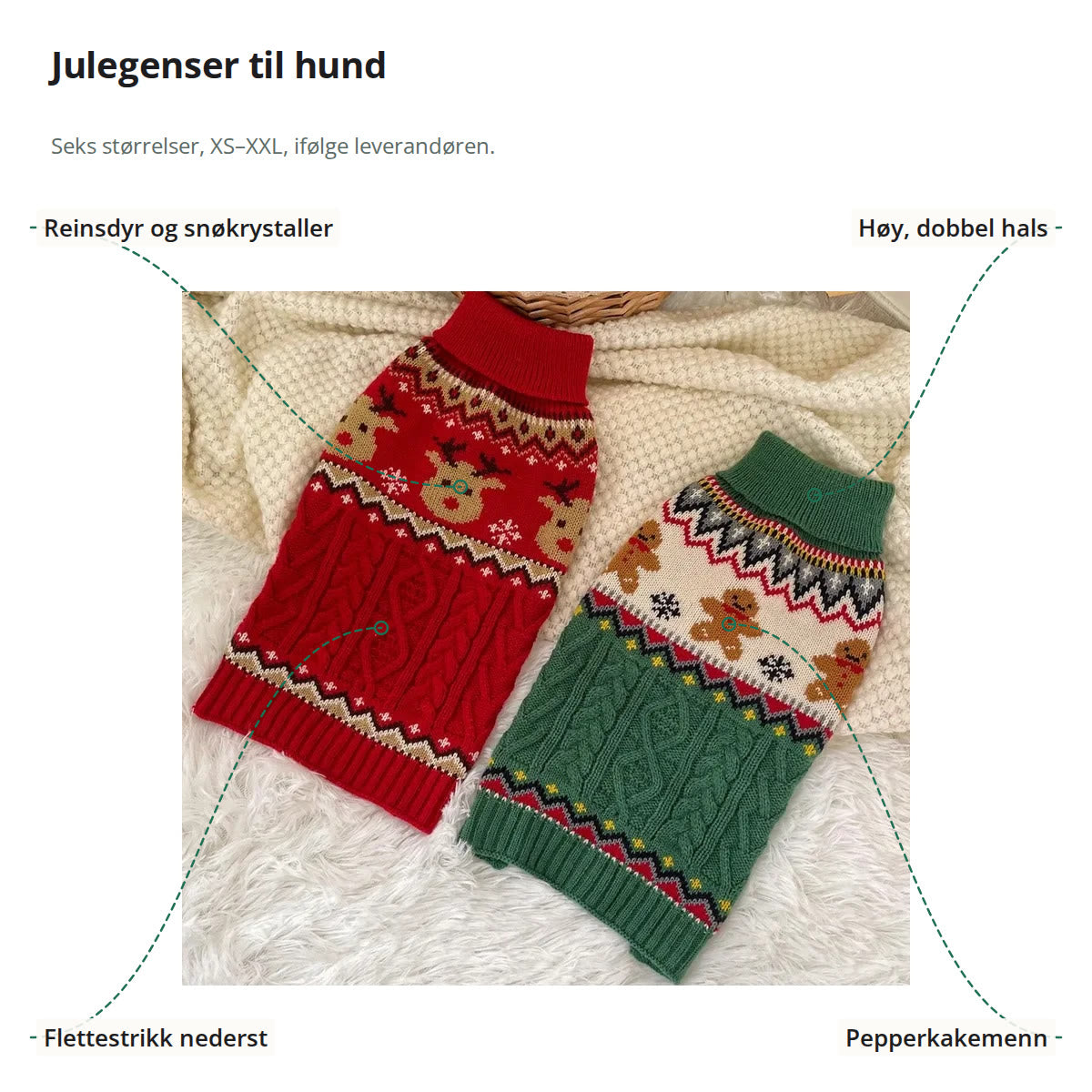 De to julegenserne lagt flatt, merket med reinsdyr og snøkrystaller, høy dobbel hals, pepperkakemenn og flettestrikk