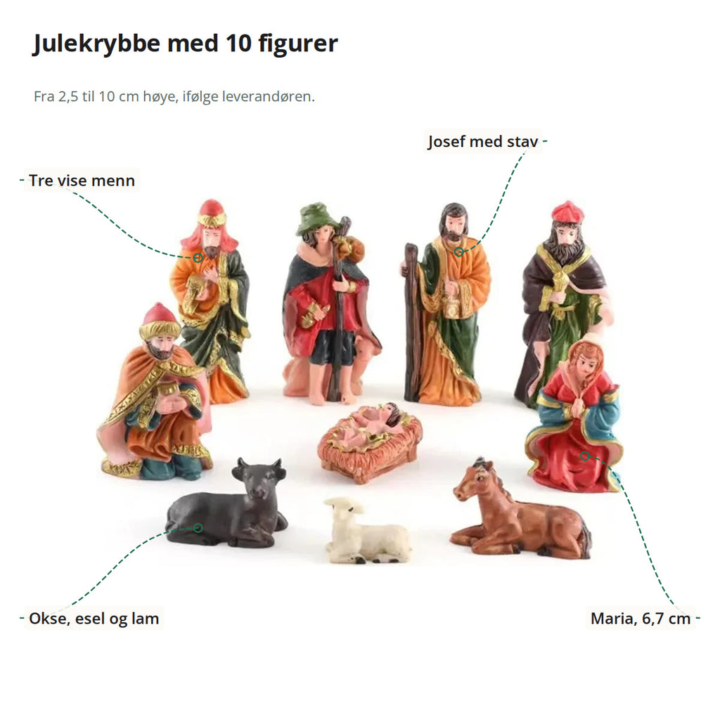 Figurene i julekrybben merket med tre vise menn, Josef med stav, Maria og dyrene okse, esel og lam