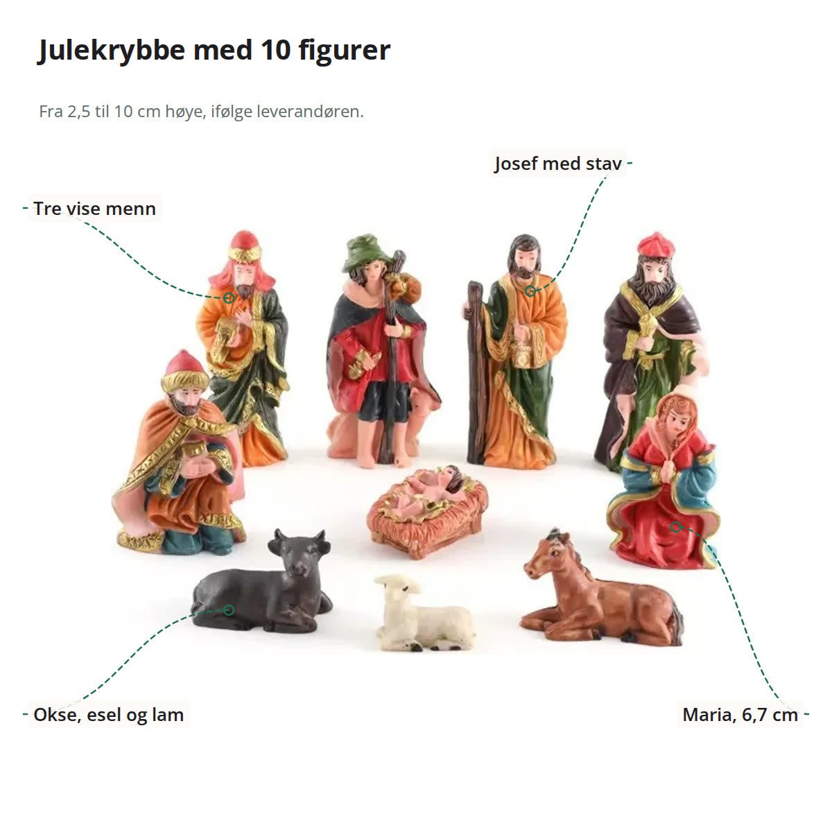 Figurene i julekrybben merket med tre vise menn, Josef med stav, Maria og dyrene okse, esel og lam