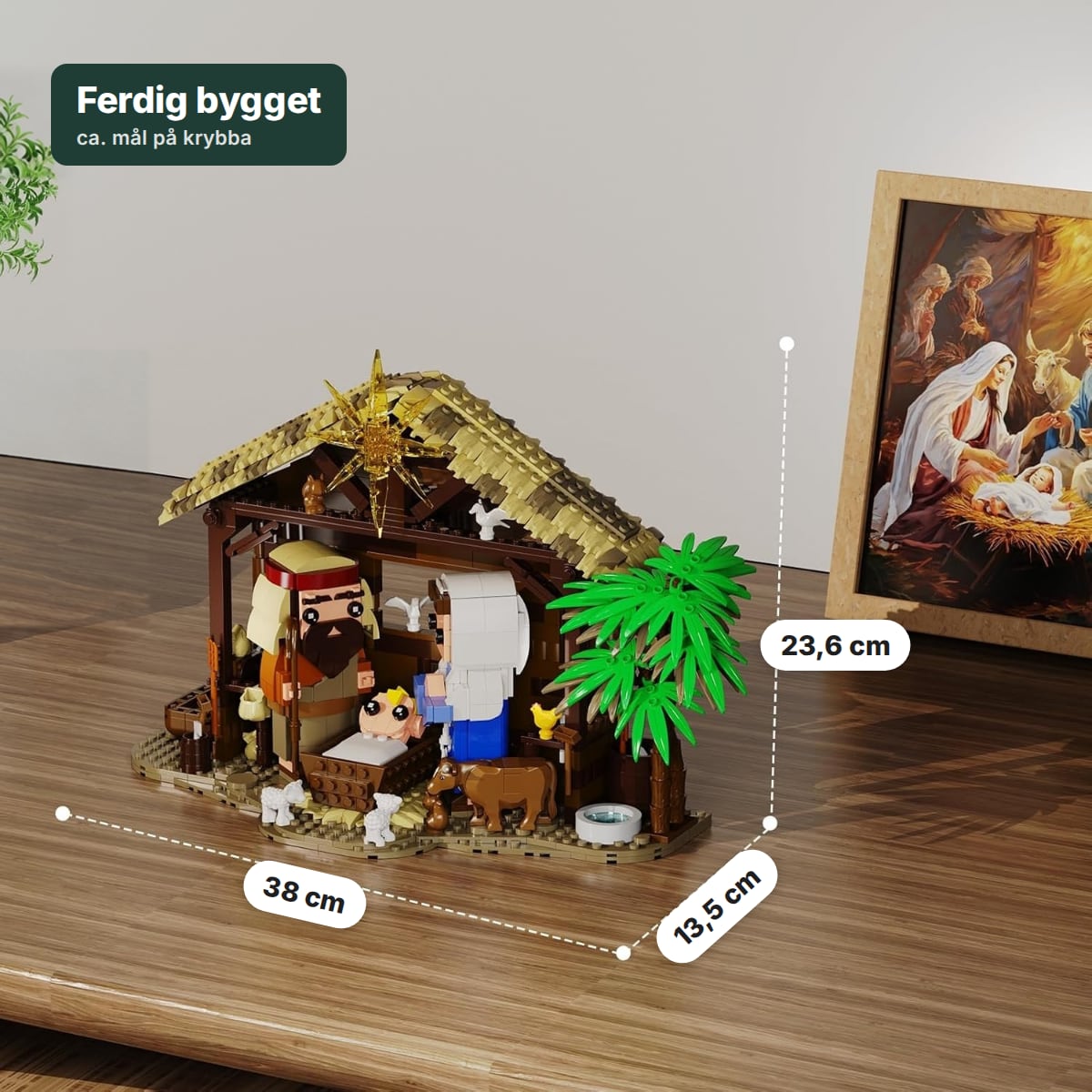 Mål på ferdig julekrybbe: ca. 38 cm bred, 13,5 cm dyp og 23,6 cm høy