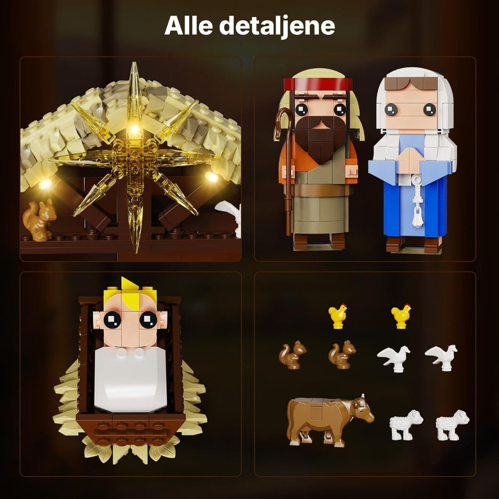 Detaljer: Betlehemsstjerna, Josef og Maria, Jesusbarnet i krybben og dyrene