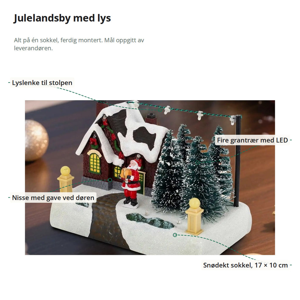 Julelandsbyen merket med lyslenke fra skorstein til stolpe, fire grantrær med LED, nisse ved døren og snødekt sokkel på 17 × 10 cm
