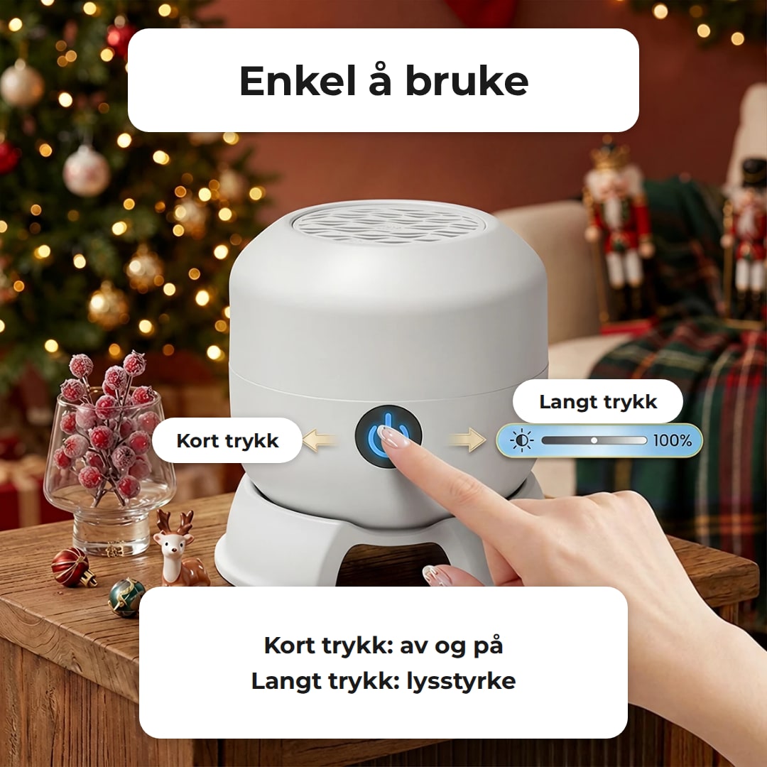 Kort trykk på knappen slår lampen av og på, langt trykk justerer lysstyrken