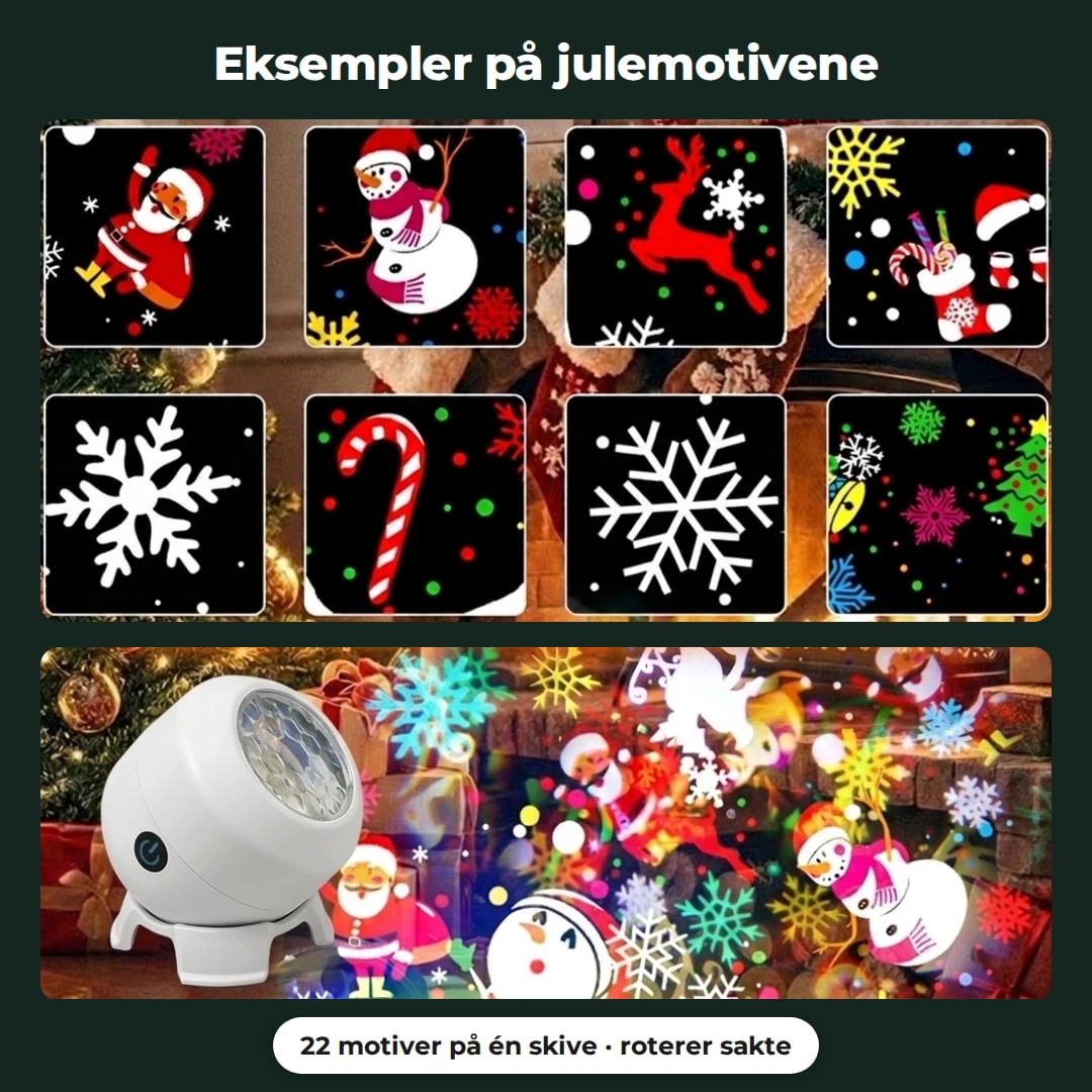 Eksempler på julemotivene: julenisse, snømann, rein, julestrømpe, snøfnugg og polkagris