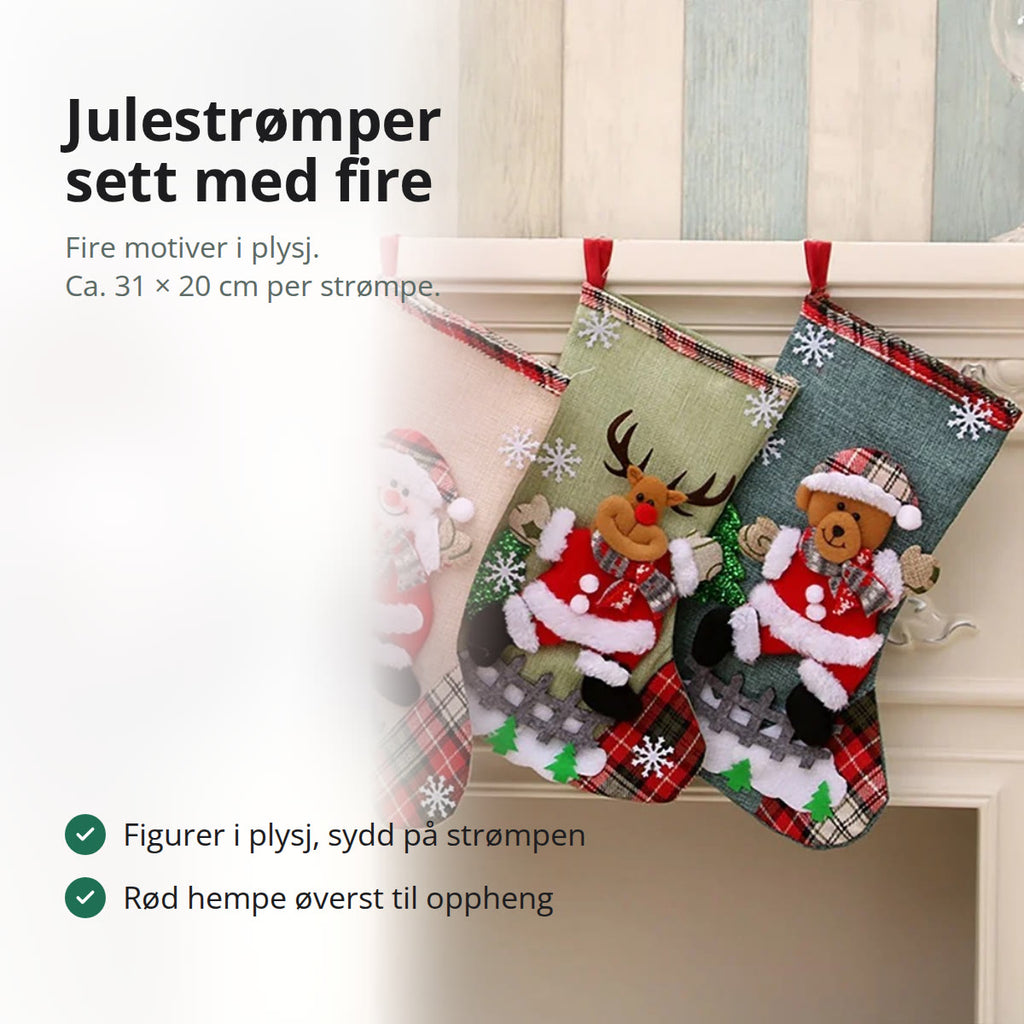 Fire julestrømper med julenisse, snømann, reinsdyr og bjørn hengende på en hvit peishylle