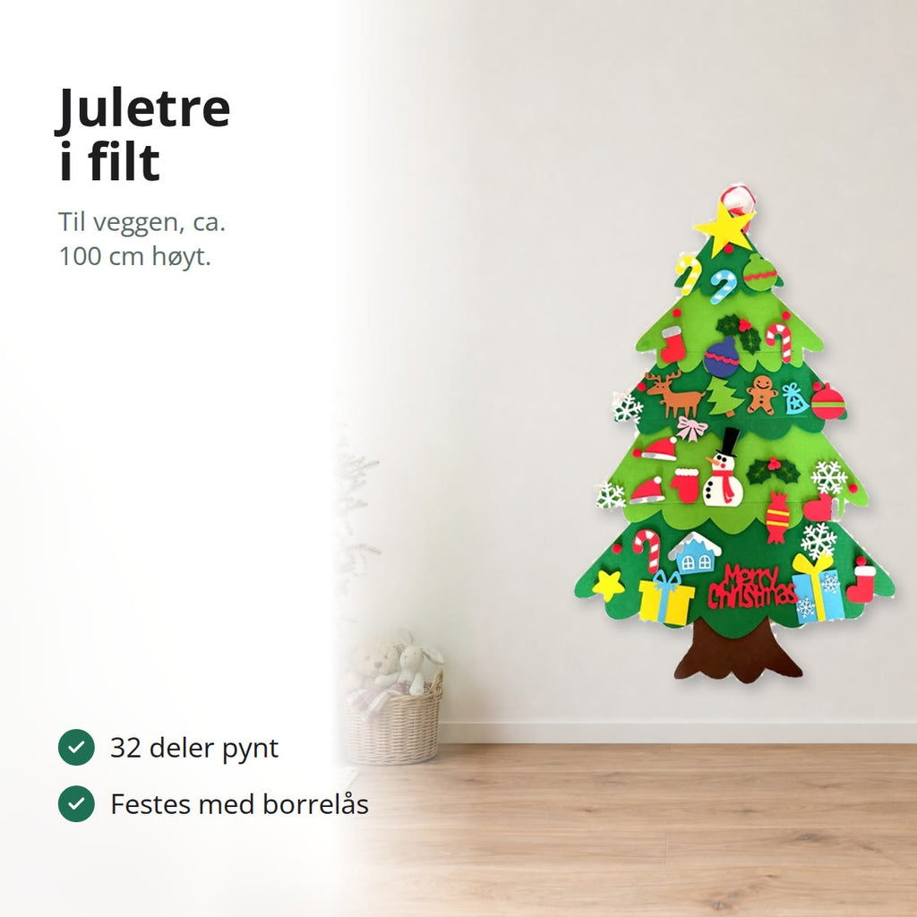 Juletre i filt med pynt hengt på veggen i et barnerom