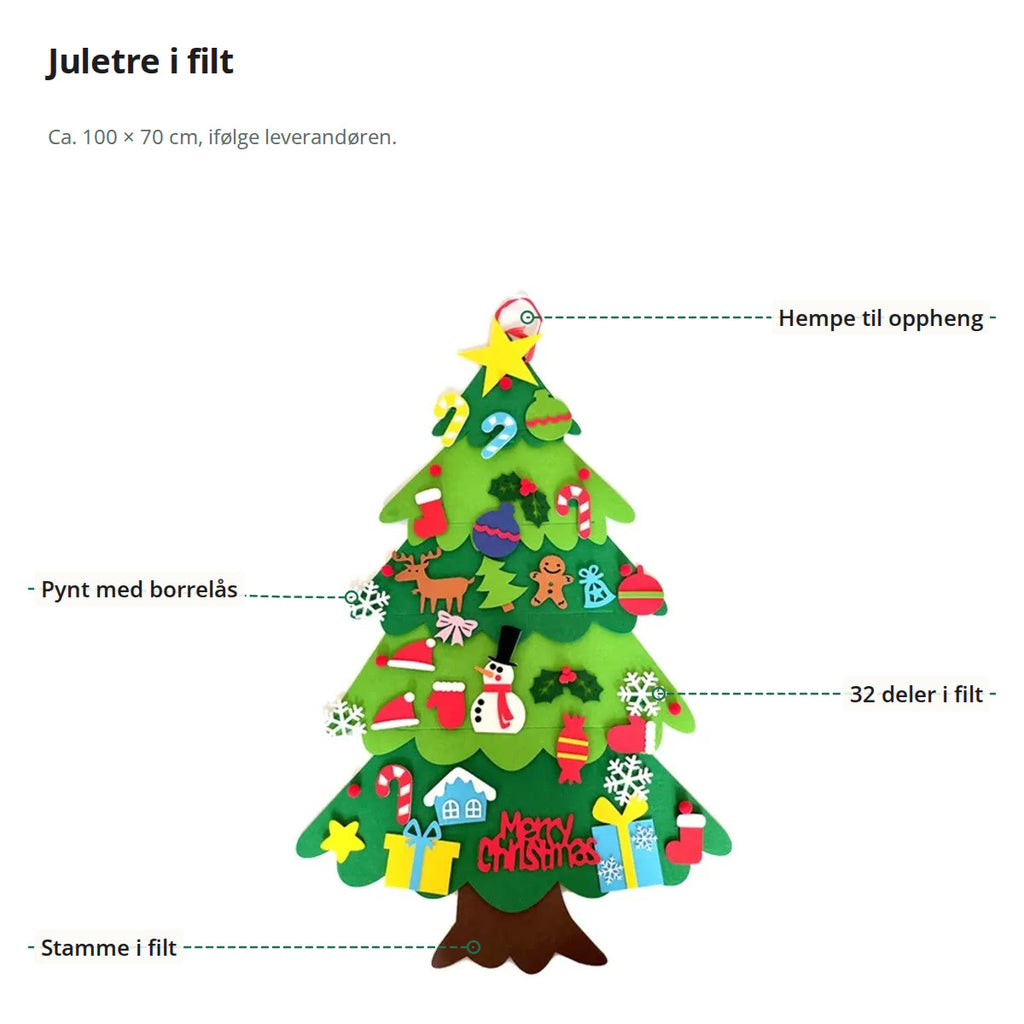 Juletre i filt merket med hempe til oppheng, pynt med borrelås, 32 deler i filt og stamme i filt