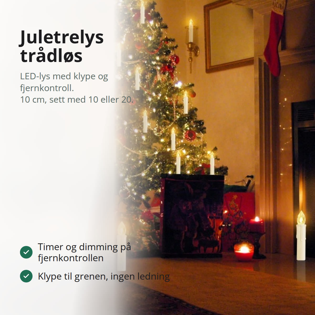 Trådløse juletrelys formet som små stearinlys, festet med klype på grenene til et pyntet juletre
