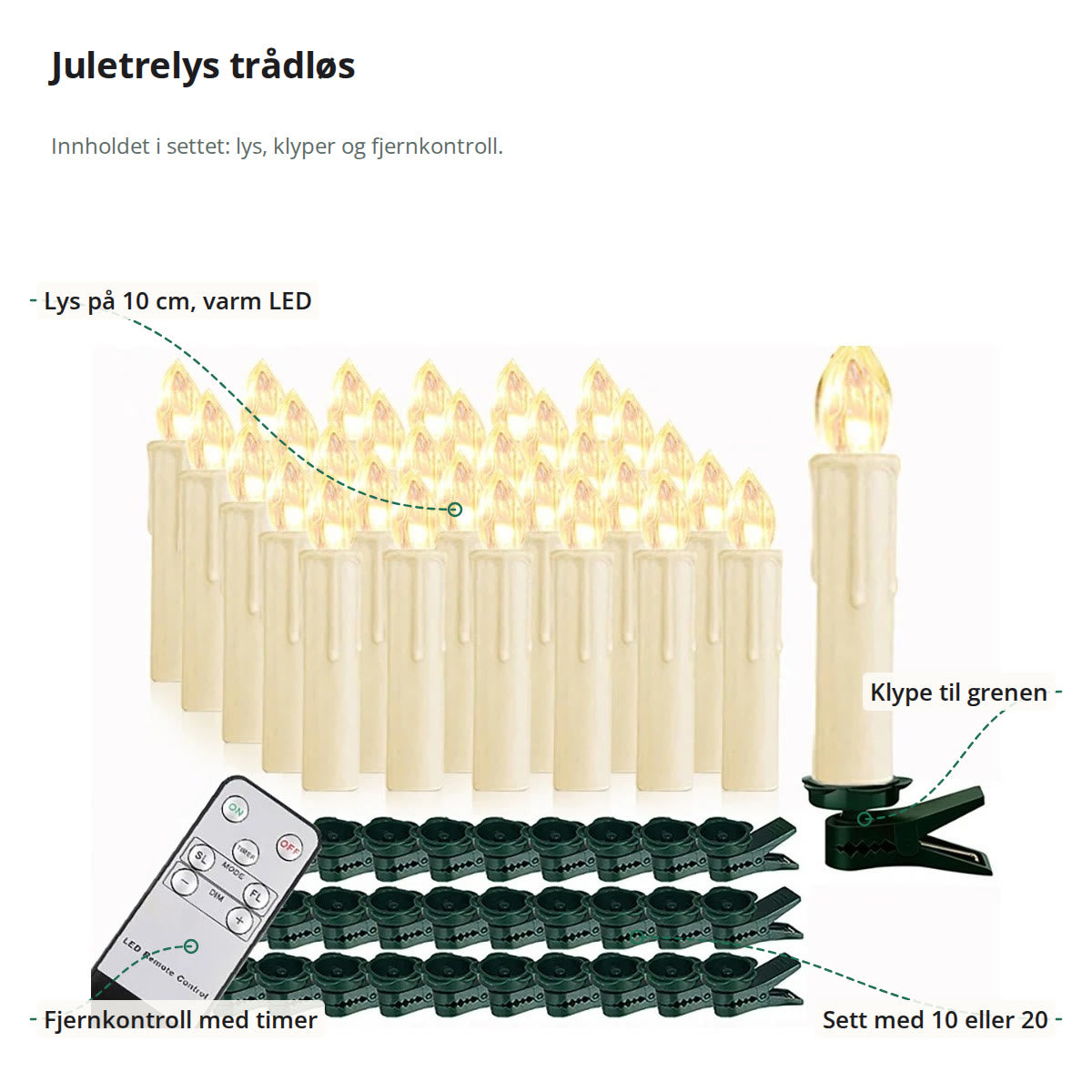 Settet merket med lys på 10 cm med varm LED, klype til grenen, fjernkontroll med timer og valg mellom 10 eller 20 lys