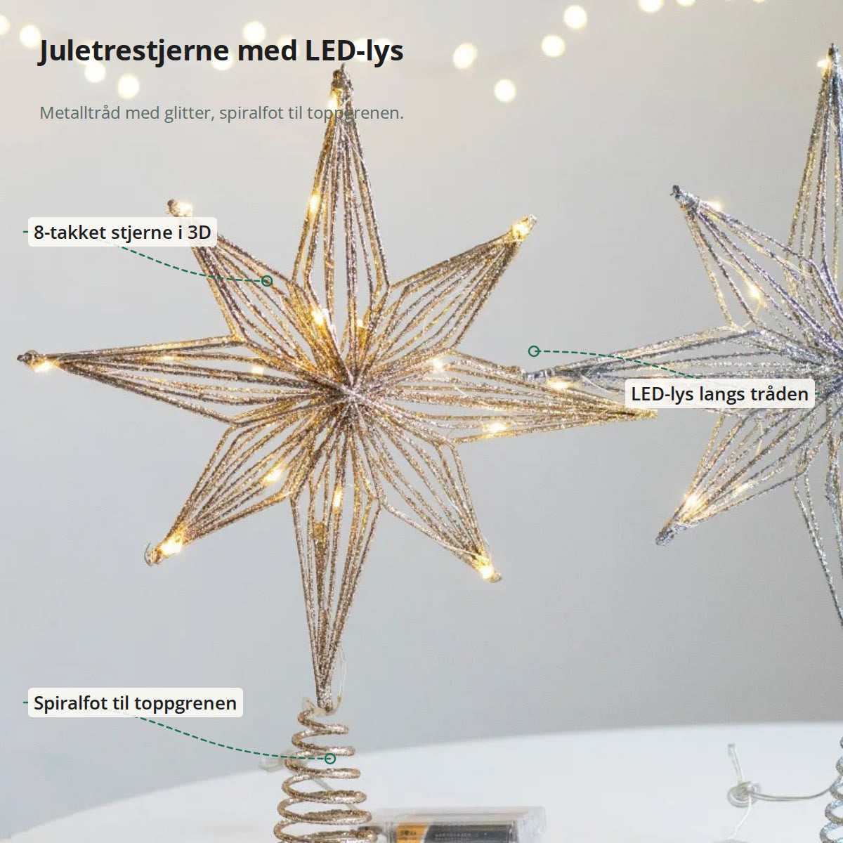 Juletrestjernen merket med 8-takket stjerne i 3D, LED-lys langs tråden og spiralfot til toppgrenen