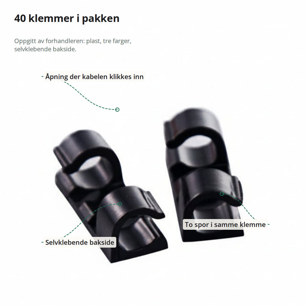 Kabelklemmen merket: åpning der kabelen klikkes inn, selvklebende bakside og to spor i samme klemme
