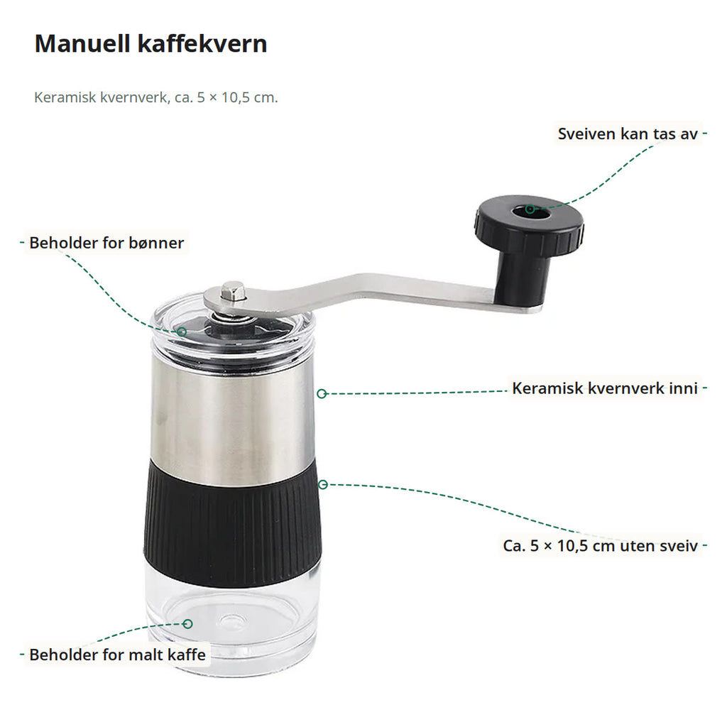 Kaffekvernen merket med sveiv som kan tas av, beholder for bønner, keramisk kvernverk, beholder for malt kaffe og mål