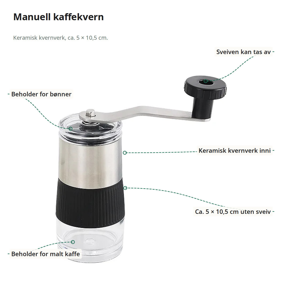 Kaffekvernen merket med sveiv som kan tas av, beholder for bønner, keramisk kvernverk, beholder for malt kaffe og mål