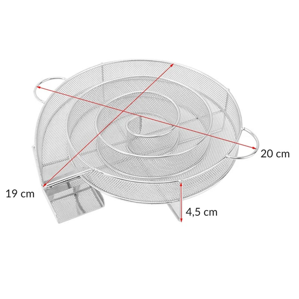 Den tomme spiralen i rustfritt stålnett med mål: ca. 20 cm og 19 cm på tvers og 4,5 cm høy, ifølge leverandøren