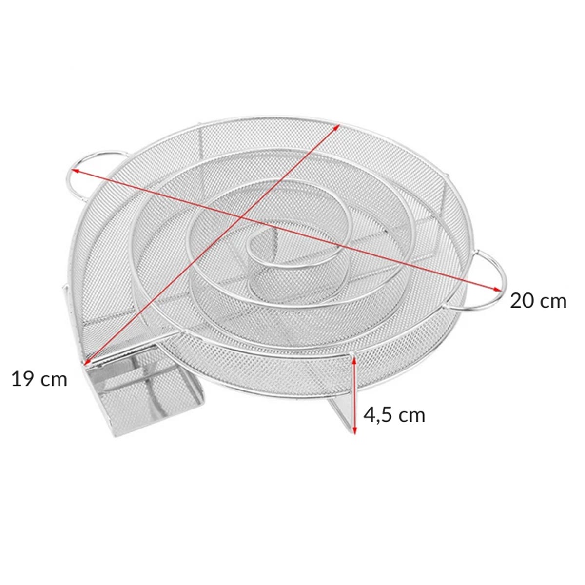 Den tomme spiralen i rustfritt stålnett med mål: ca. 20 cm og 19 cm på tvers og 4,5 cm høy, ifølge leverandøren