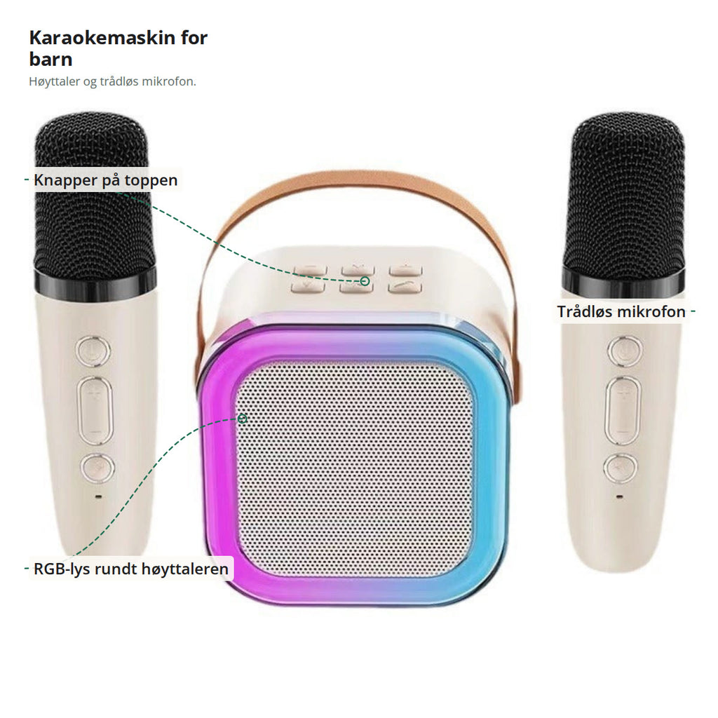 Karaokemaskinen merket med knapper på toppen, RGB-lys rundt høyttaleren og trådløs mikrofon