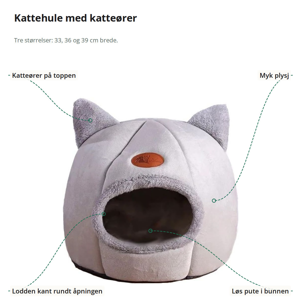 Lys grå kattehule merket med katteører, myk plysj, lodden kant rundt åpningen og løs pute i bunnen