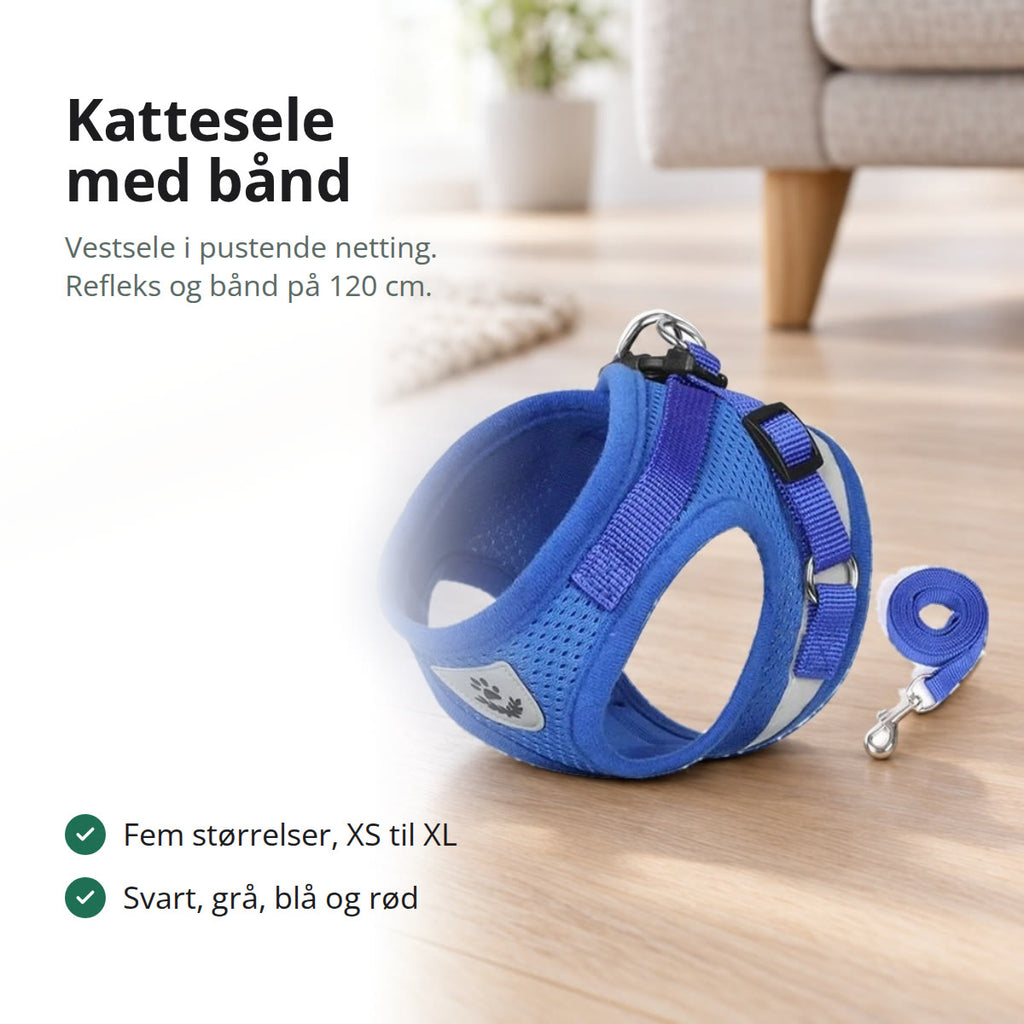 Blå kattesele i netting med refleksstripe og bånd på et tregulv i en stue