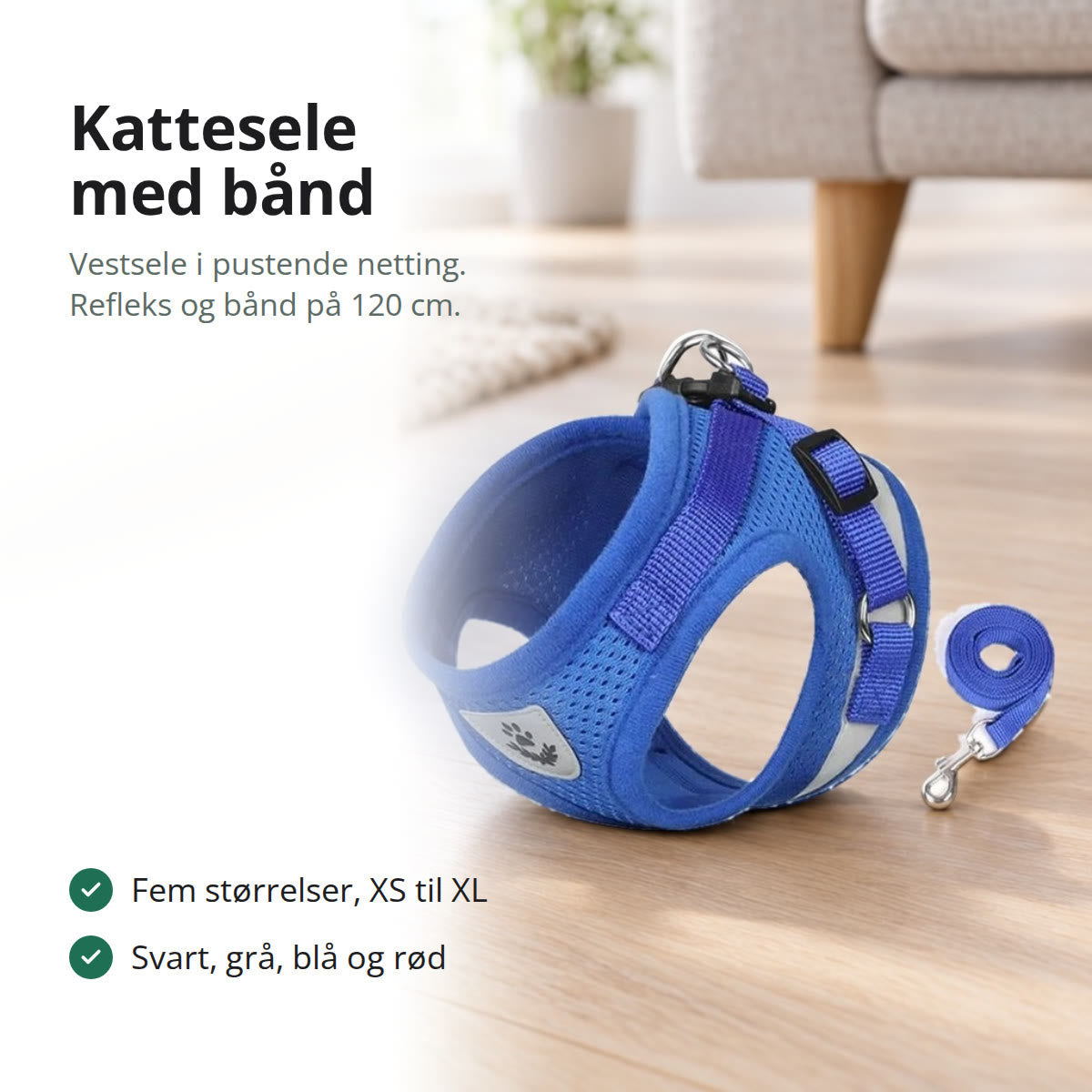 Blå kattesele i netting med refleksstripe og bånd på et tregulv i en stue