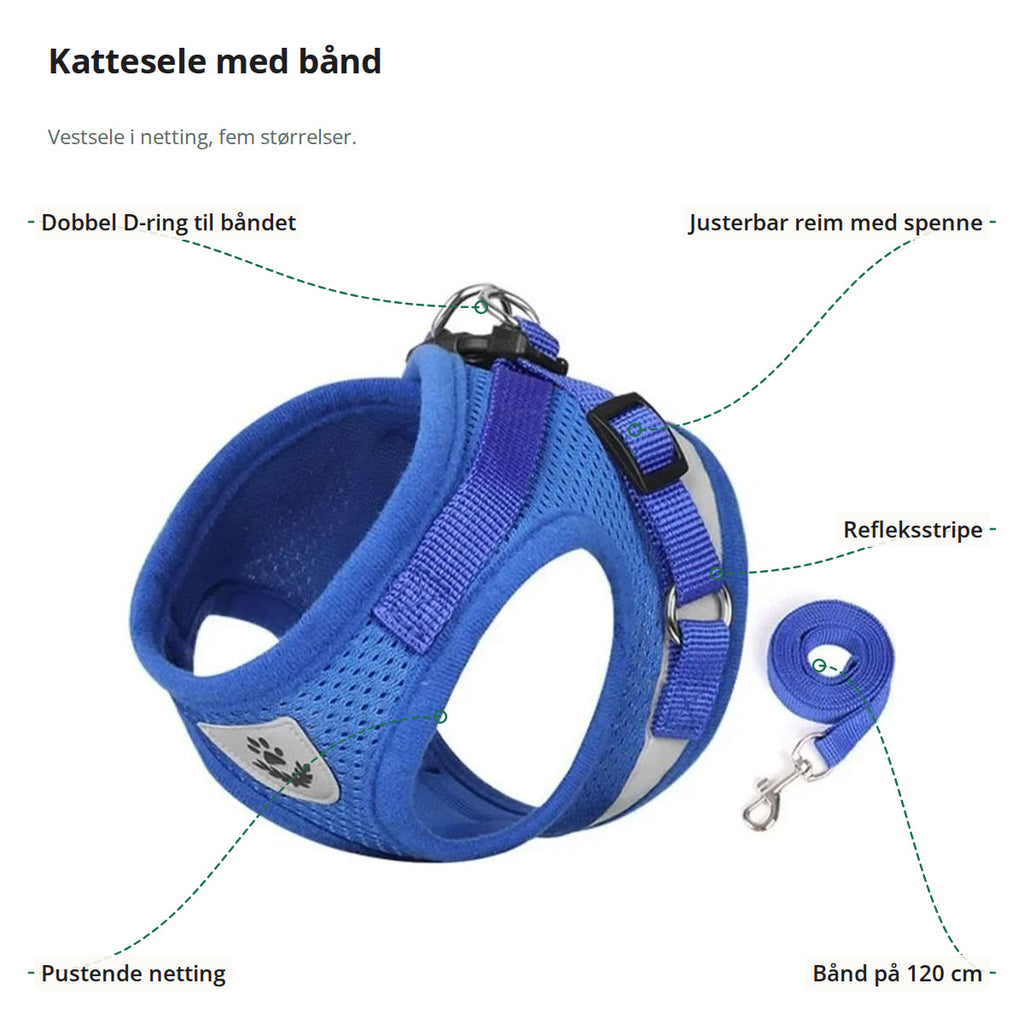 Kattesele merket med dobbel D-ring, justerbar reim med spenne, refleksstripe, pustende netting og båndet på 120 cm