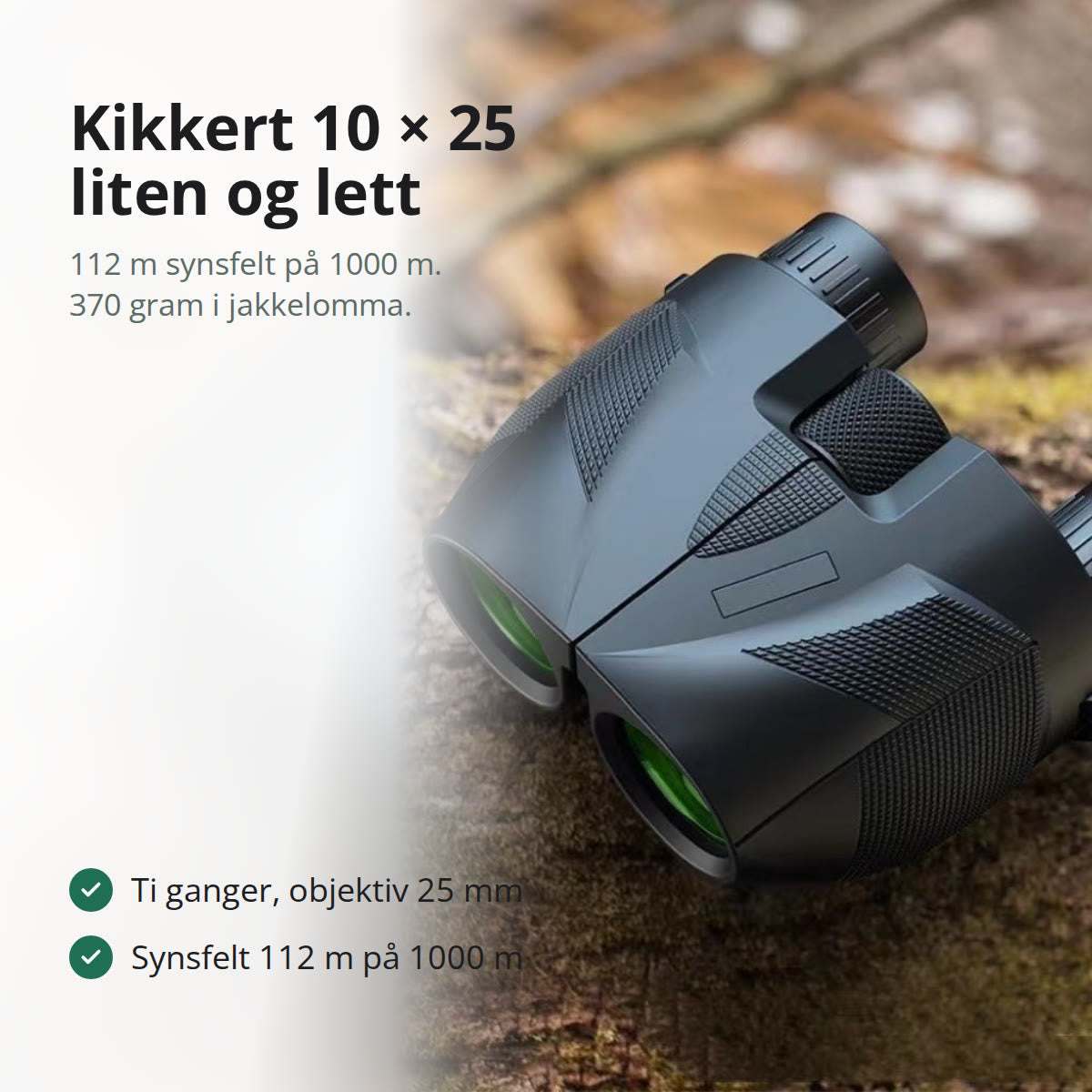 Kompakt sort kikkert 10 × 25 med grønnbelagte objektivlinser, sett forfra