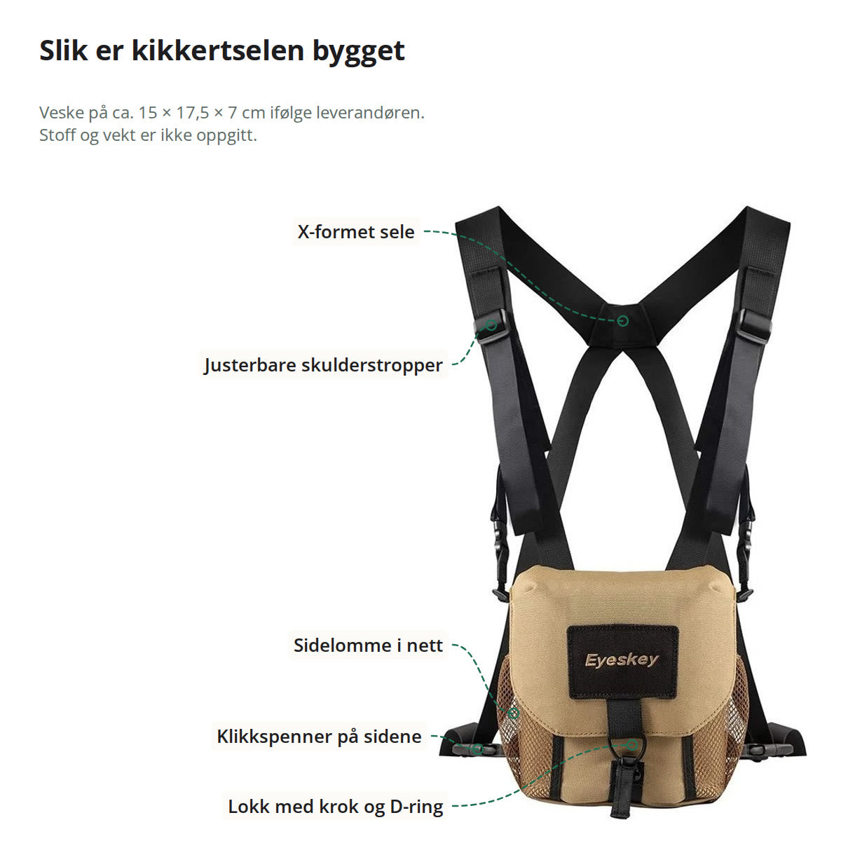 Kikkertselen merket med X-formet sele, justerbare skulderstropper, sidelomme i nett, klikkspenner og lokk med krok og D-ring