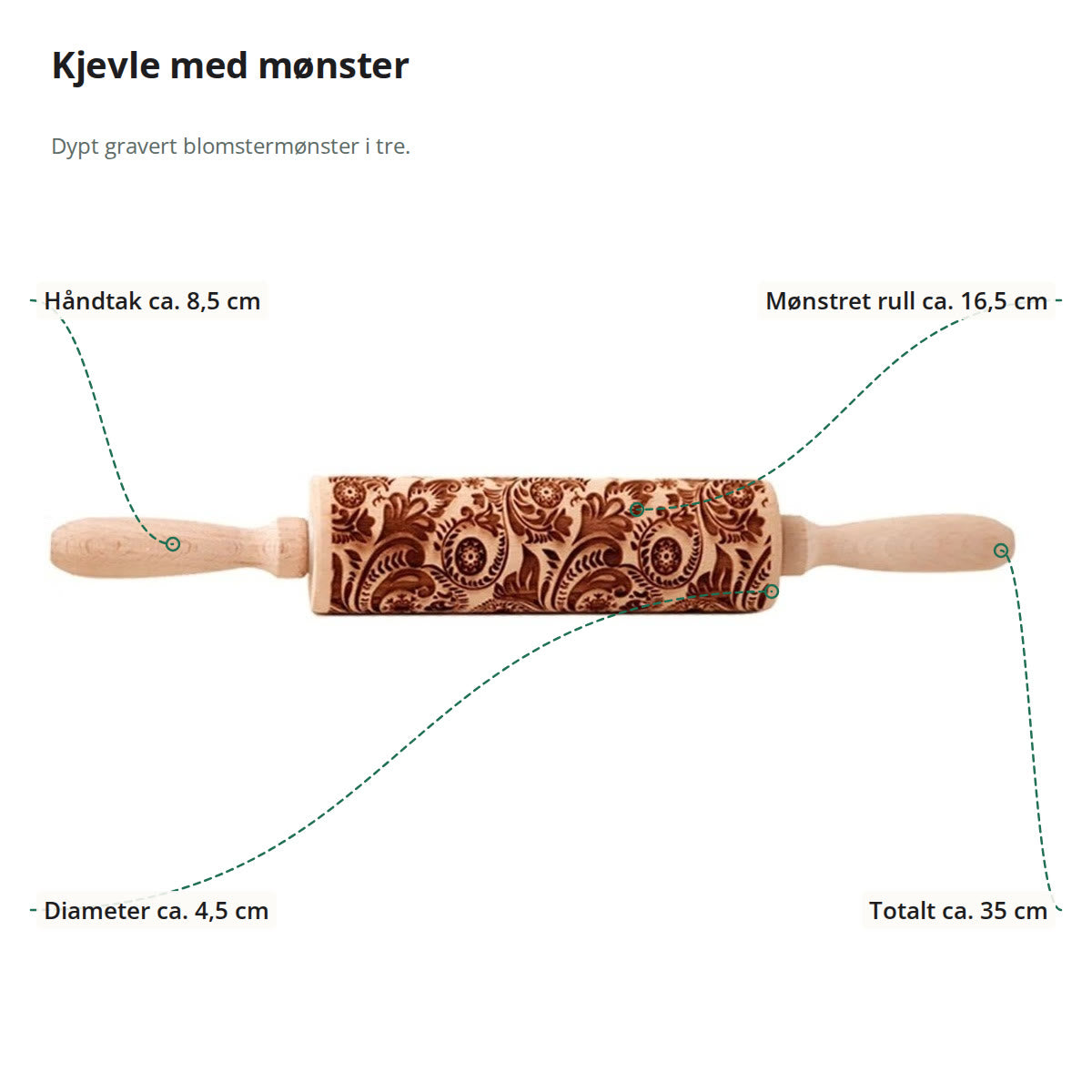 Kjevle med mønster merket med håndtak ca. 8,5 cm, mønstret rull ca. 16,5 cm, diameter ca. 4,5 cm og total lengde ca. 35 cm