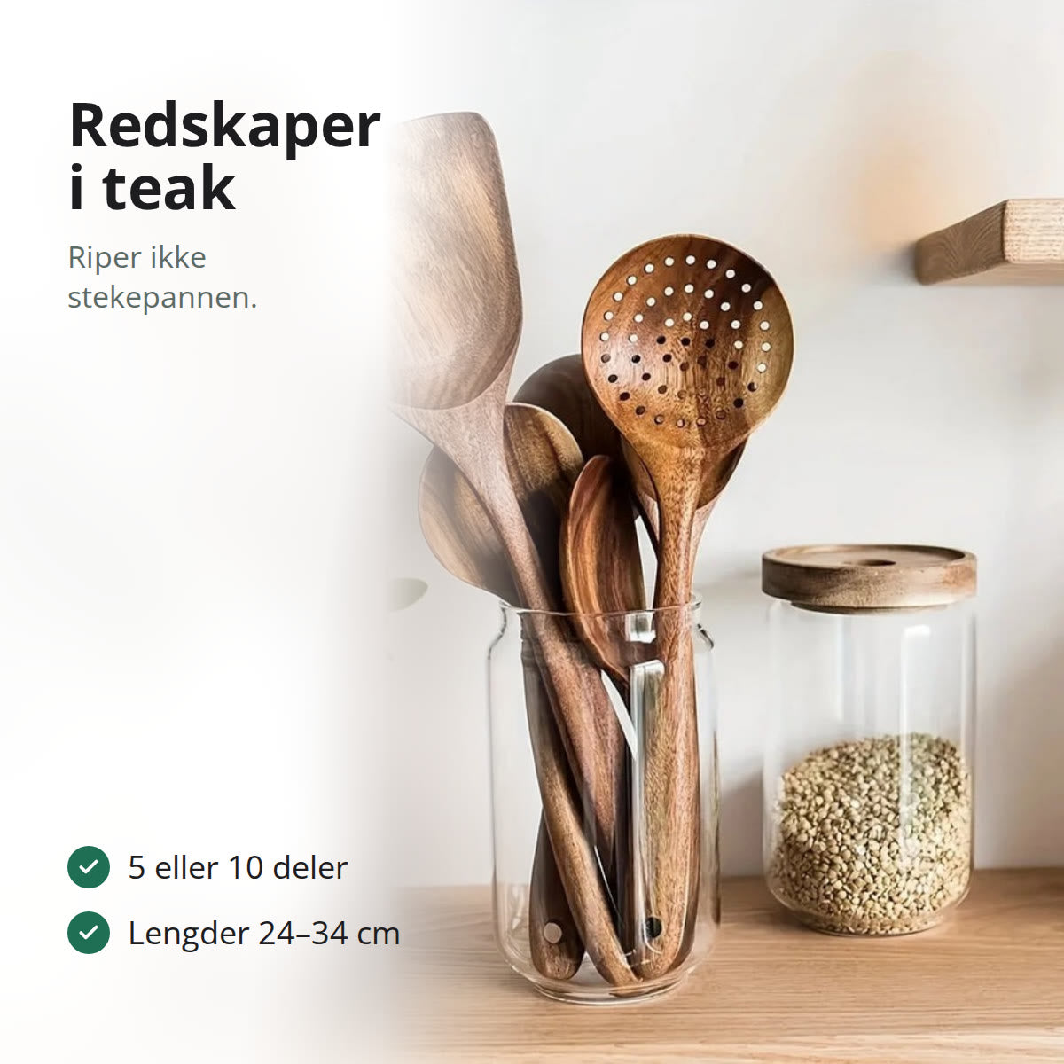 Kjøkkenredskaper i teak i en glasskrukke på en kjøkkenbenk