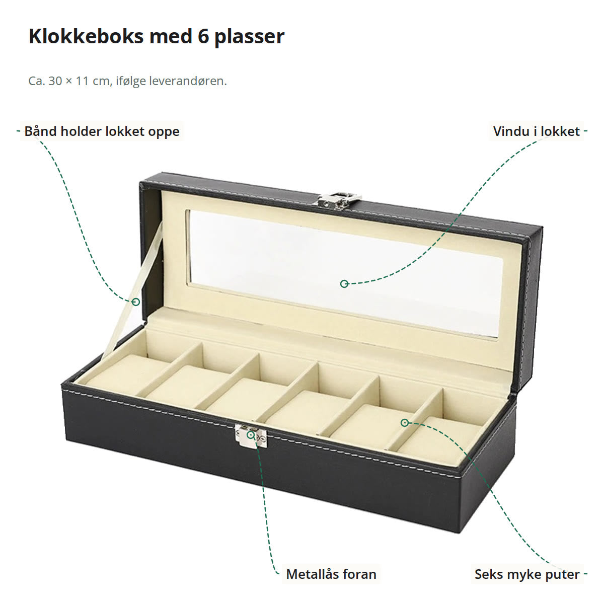 Klokkeboks med seks plasser merket med båndet som holder lokket, vinduet i lokket, metallåsen og de seks putene