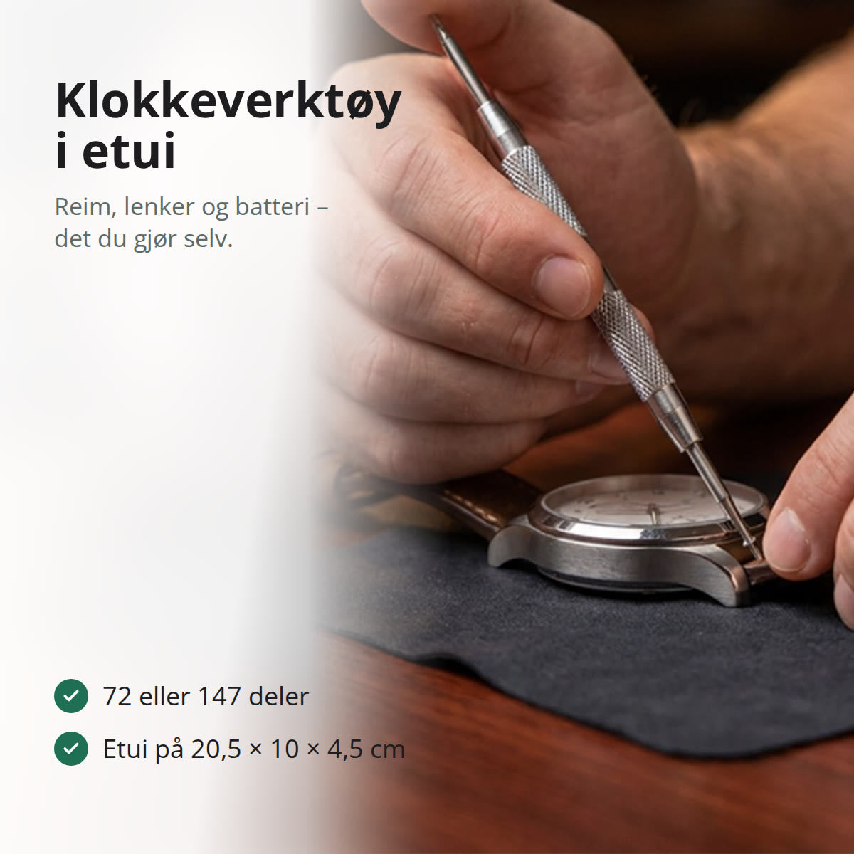 Hender som bytter reim på en klokke med fjærstangverktøyet fra settet